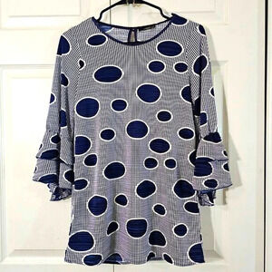 Renuar Blue/White Polka‎ Dot Ruffle Sleeve Tunic, XS